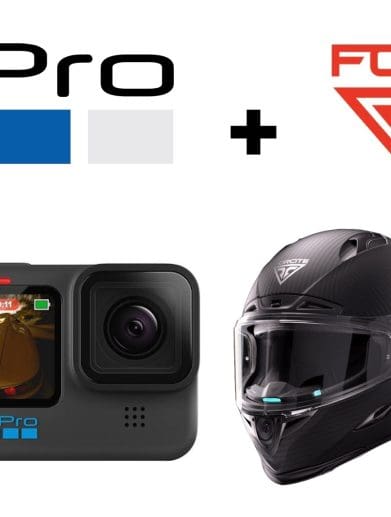 A picture of a GoPro and a motorcycle helmet.