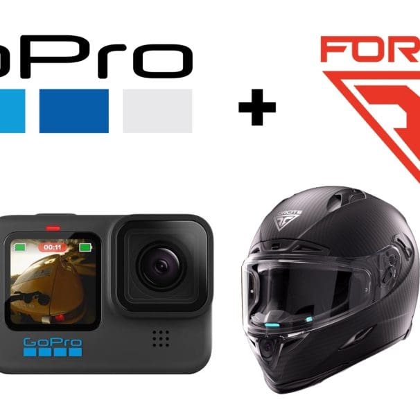 A picture of a GoPro and a motorcycle helmet.