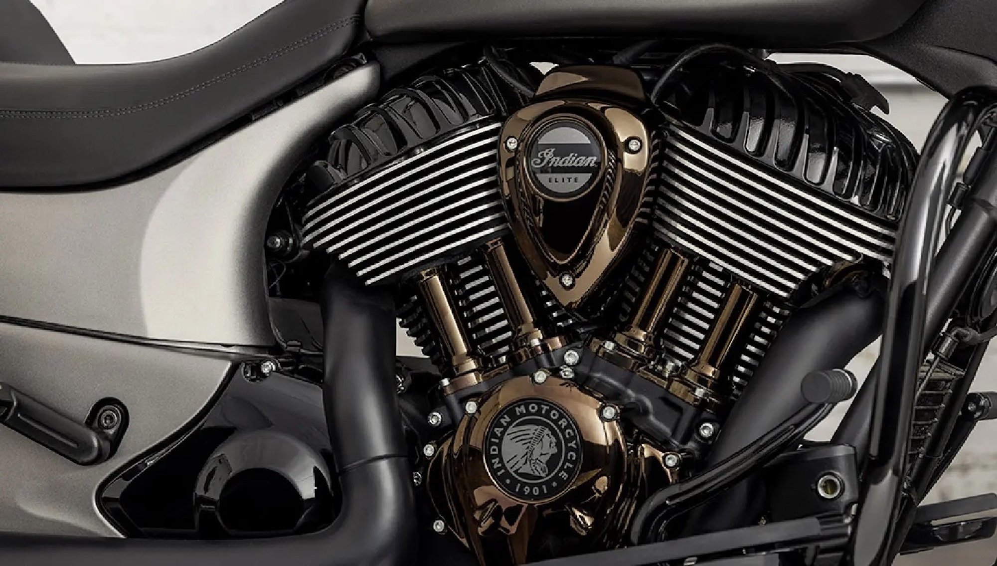 A close-up of an air-cooled 49-degree V-Twin Indian engine.