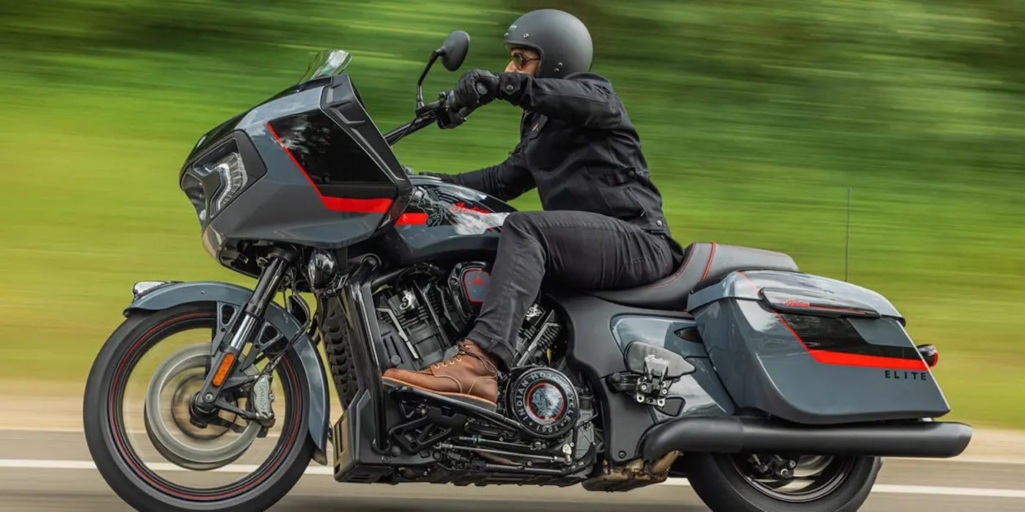 A rider on a bagger motorcycle.