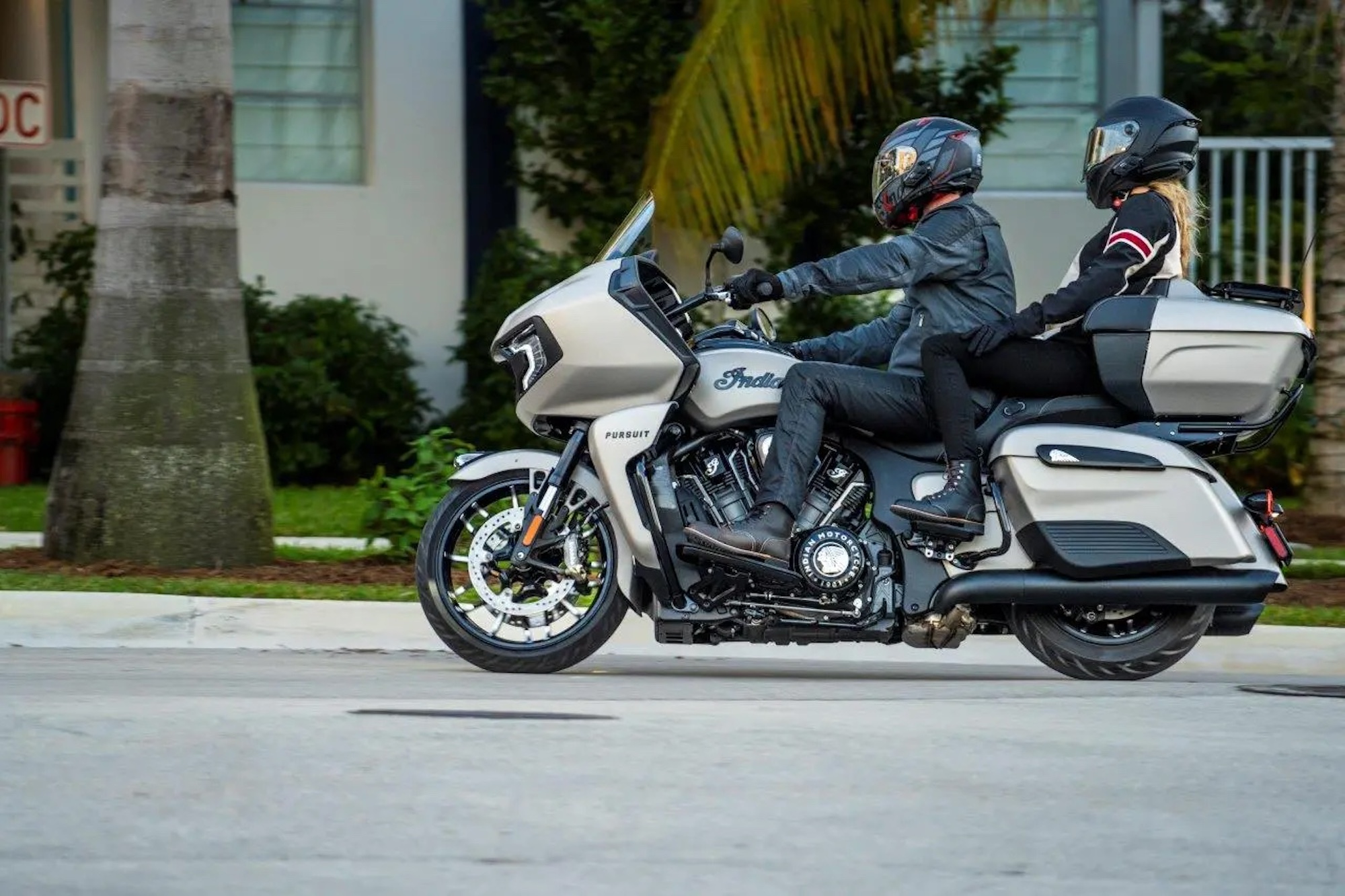 A rider on a bagger motorcycle. 