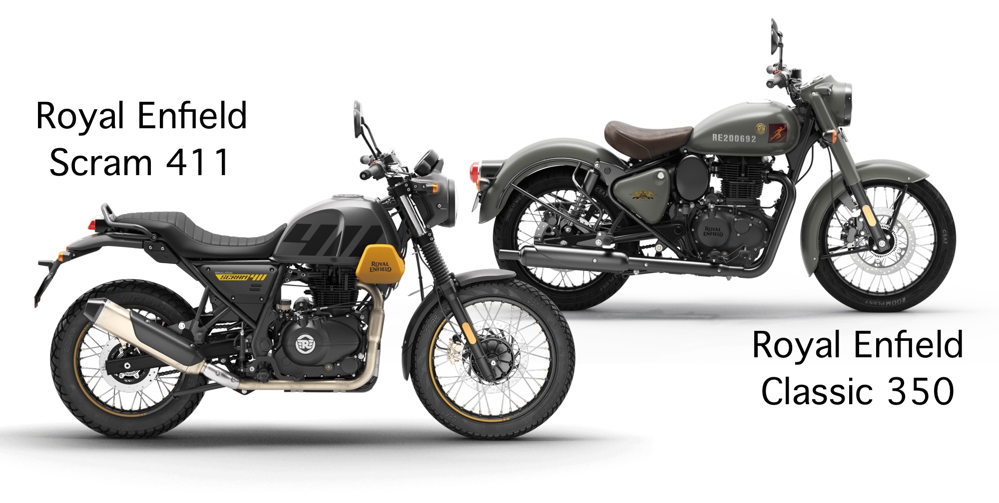 Two Royal Enfield motorcycles.
