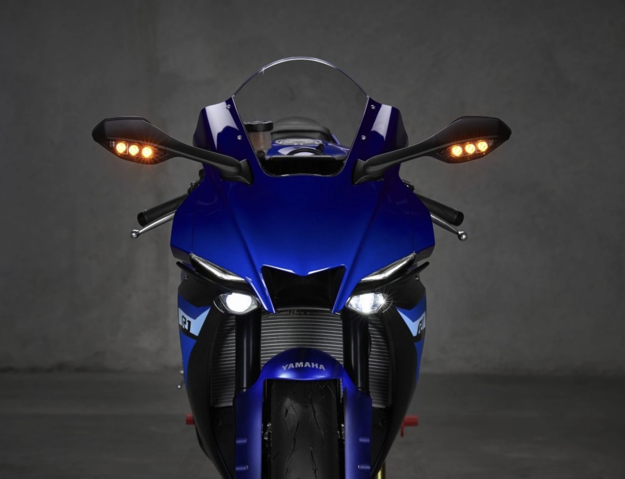 A frontal view of a Yamaha R1.