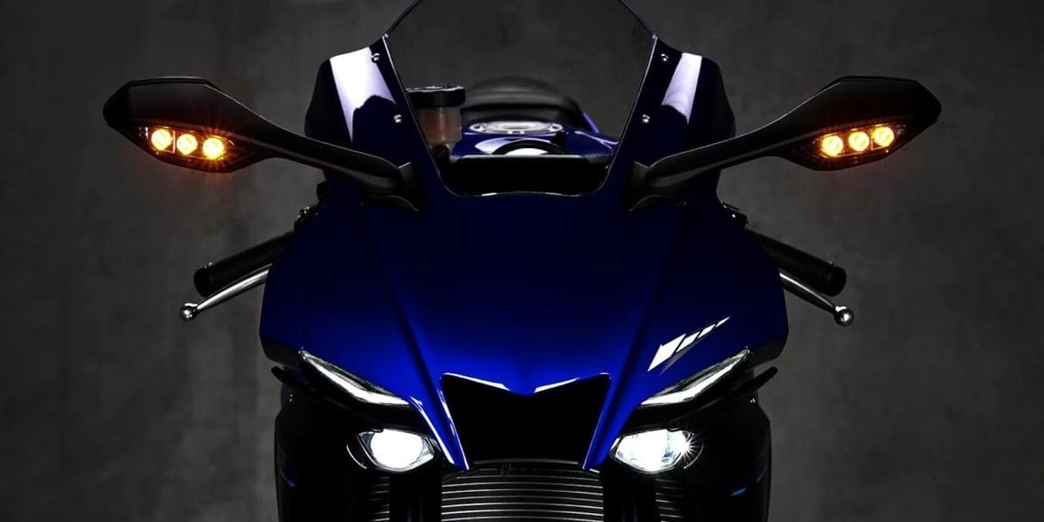 The front of a Yamaha motorcycle.