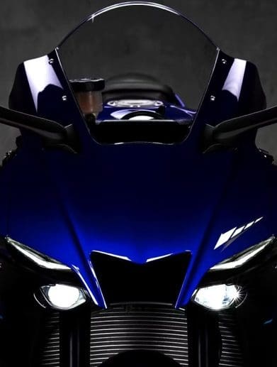 The front of a Yamaha motorcycle.