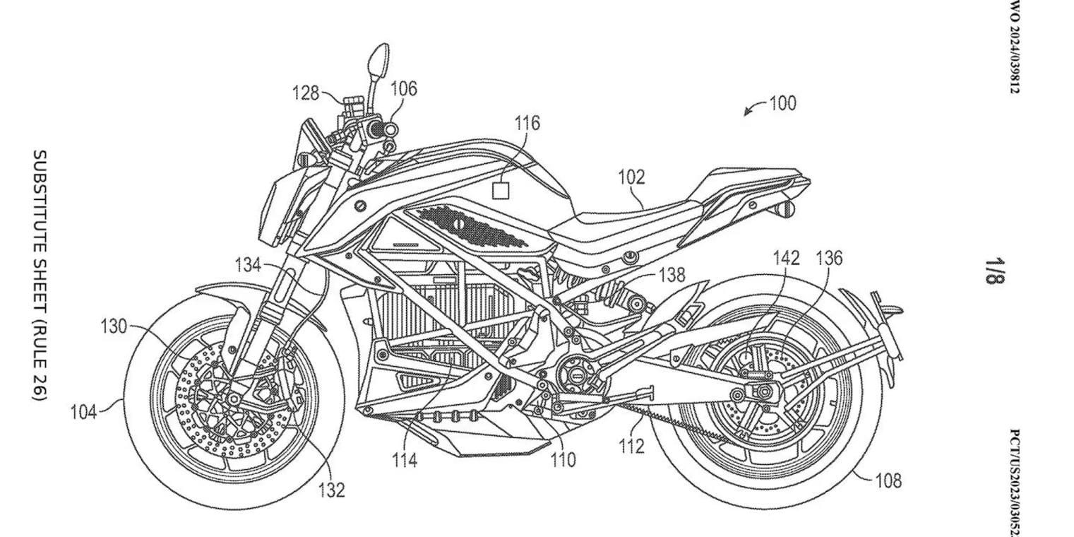 A digital blueprint rendering of a motorcycle.