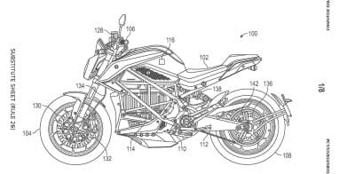 A digital blueprint rendering of a motorcycle.