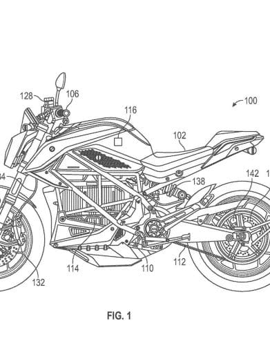 A digital blueprint rendering of a motorcycle.