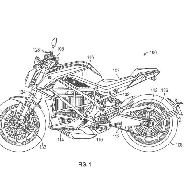 A digital blueprint rendering of a motorcycle.