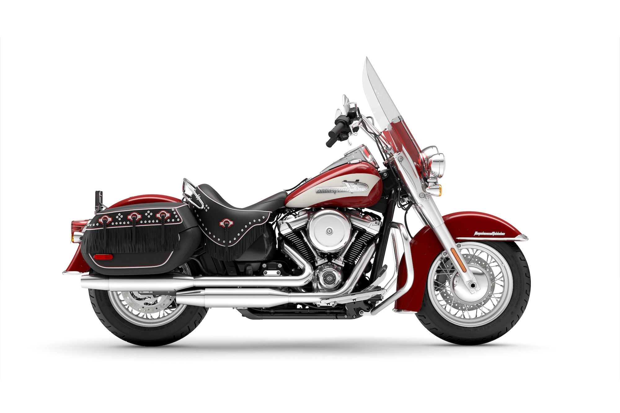 A side view of a Harley motorcycle.