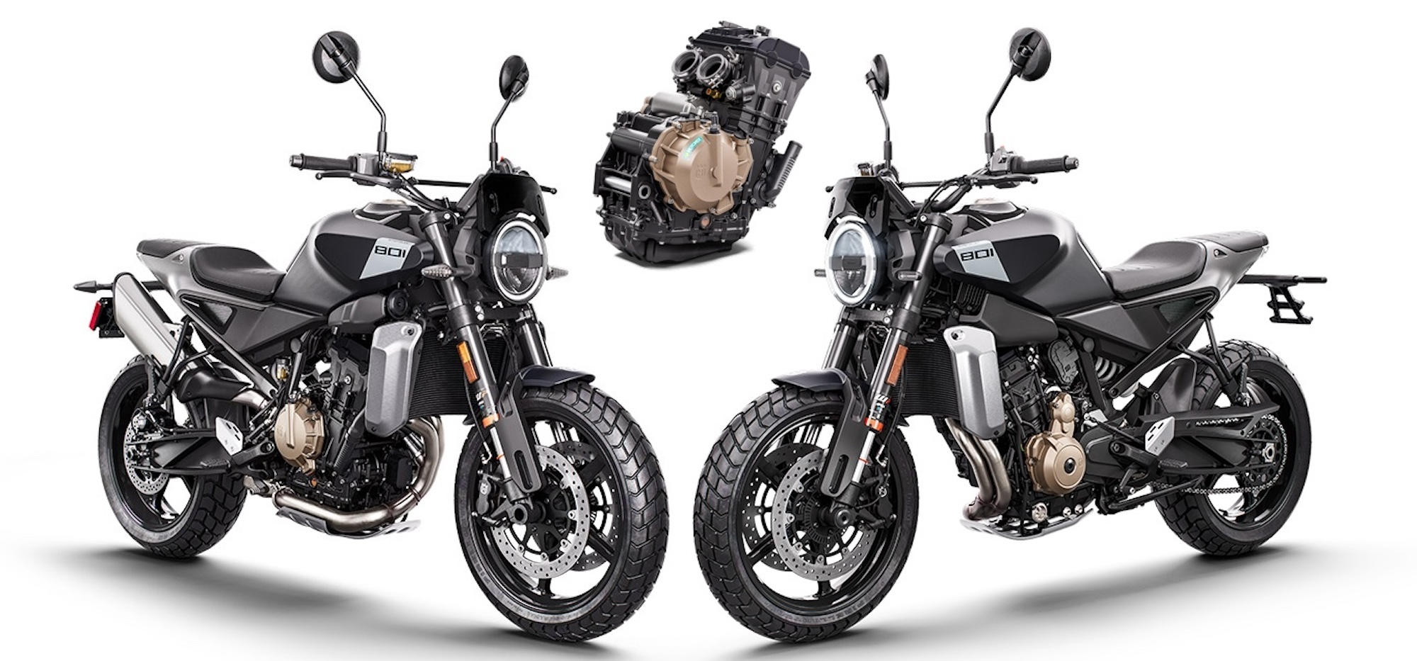 Two Husqvarna motorcycles with big engines.