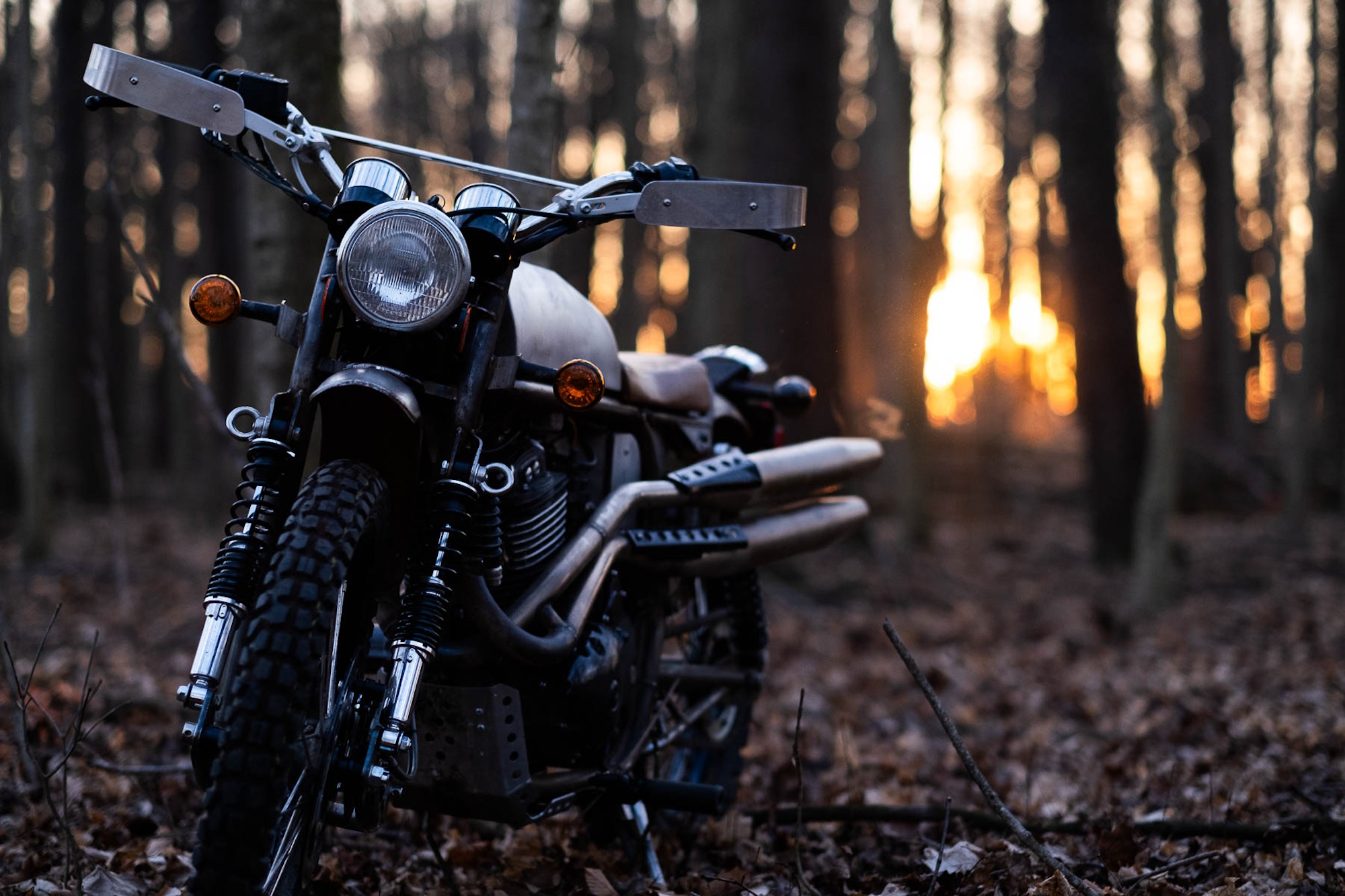 A scrambler motorcycle in the woods.