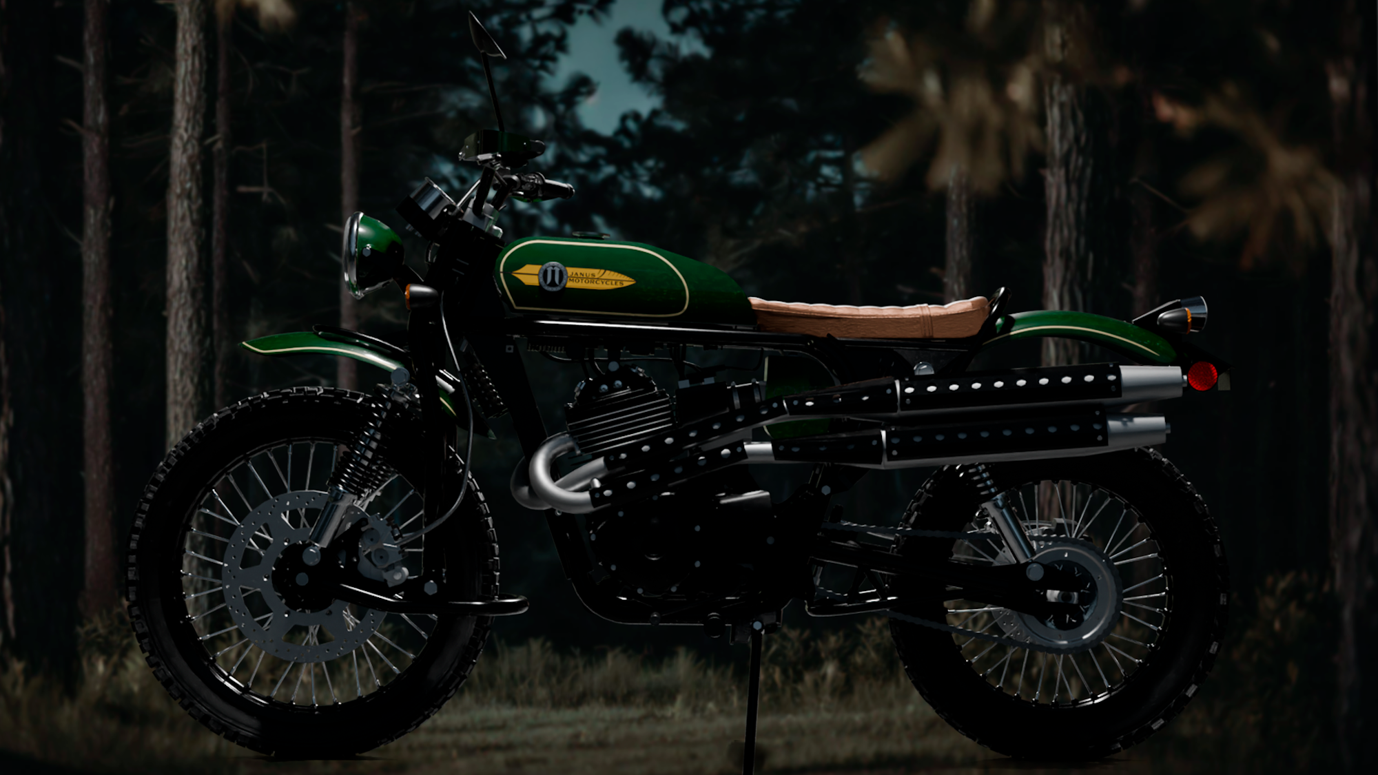 A scrambler motorcycle in the woods.