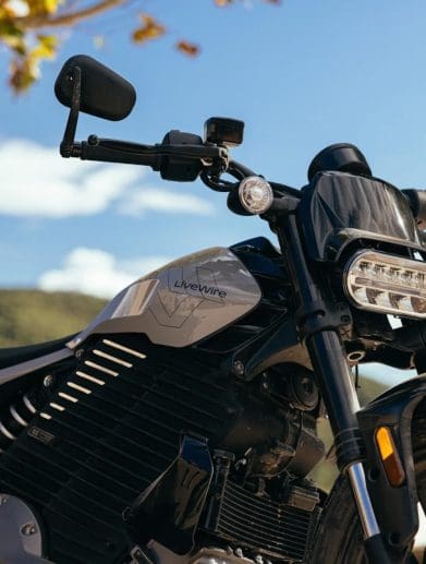 A close-up of an electric motorcycle.