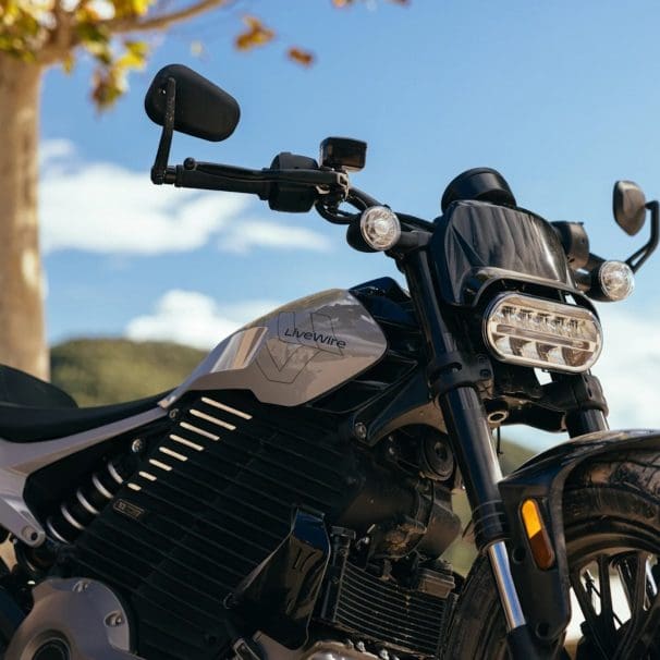 A close-up of an electric motorcycle.