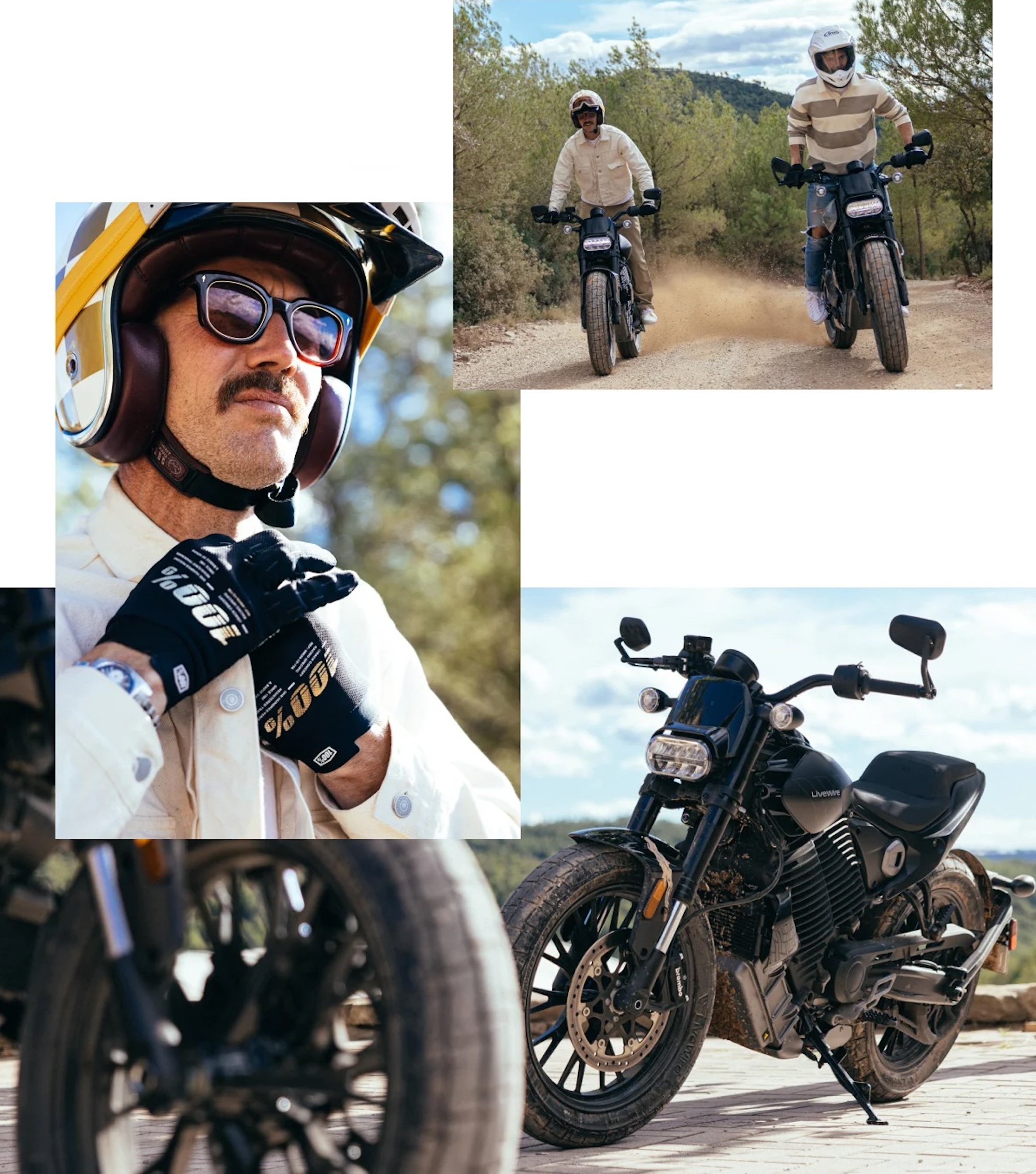 A collage of a guy on an electric motorcycle.