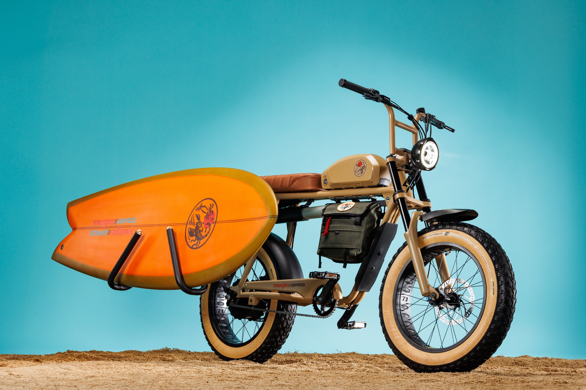 An electric motorcycle with a surfboard. 