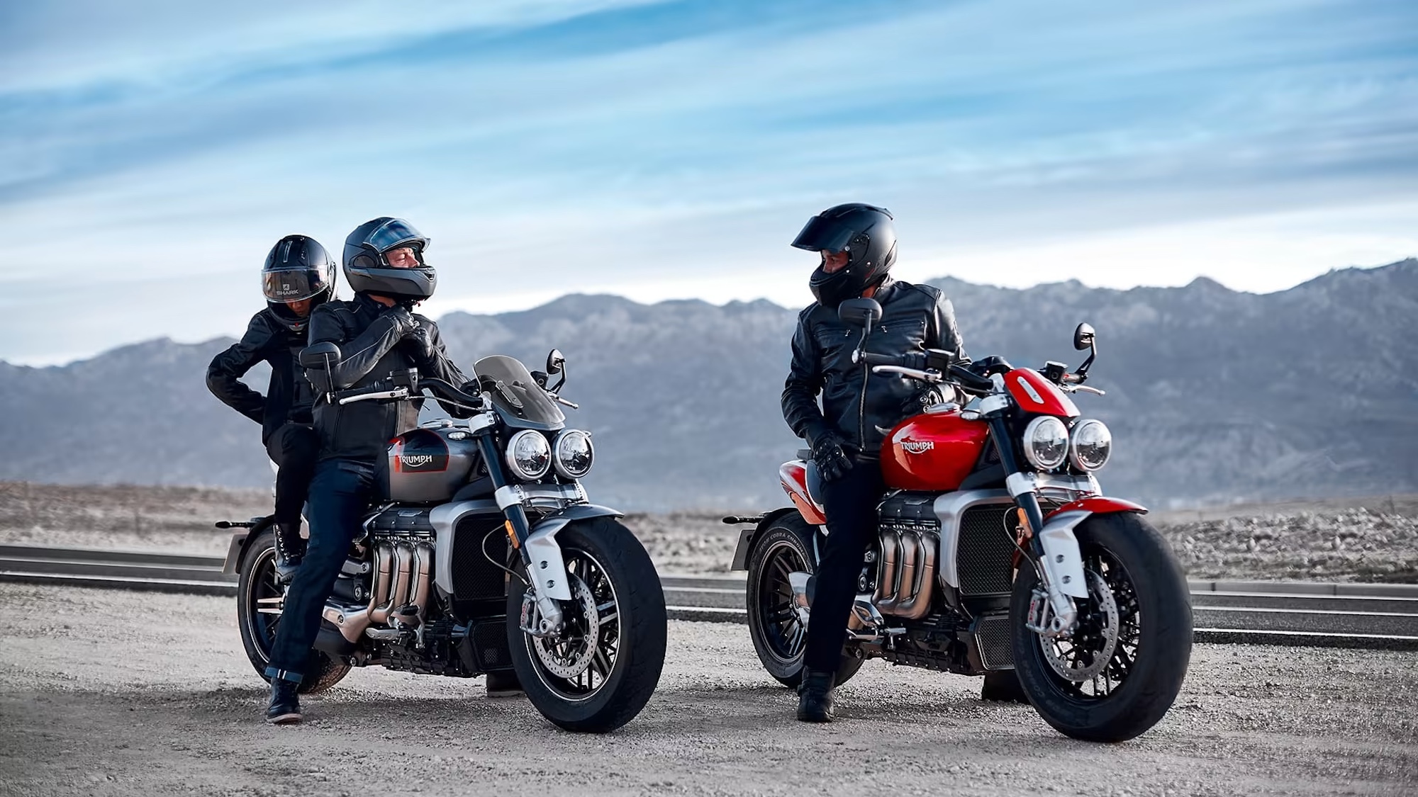 Three motorcyclists on 2024 Triumph Rocket 3 models.