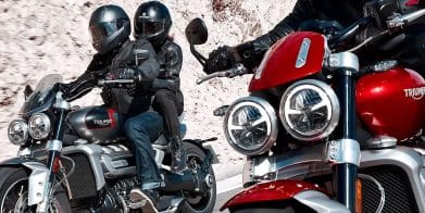 Three motorcyclists on 2024 Triumph Rocket 3 models.