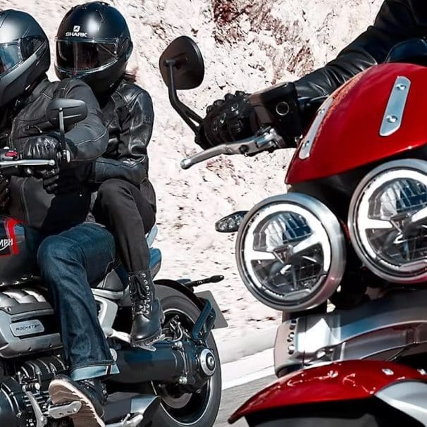 Three motorcyclists on 2024 Triumph Rocket 3 models.