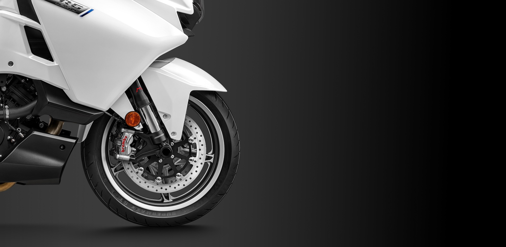 A front motorcycle wheel.