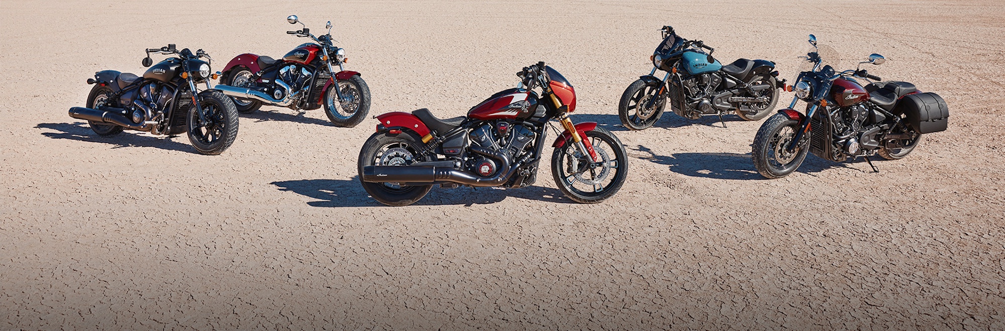 Five Indian motorcycles.