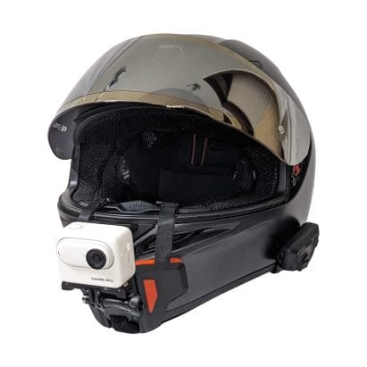 Insta360 GO 3 mounted with a chin mount on an AGV K1 helmet.