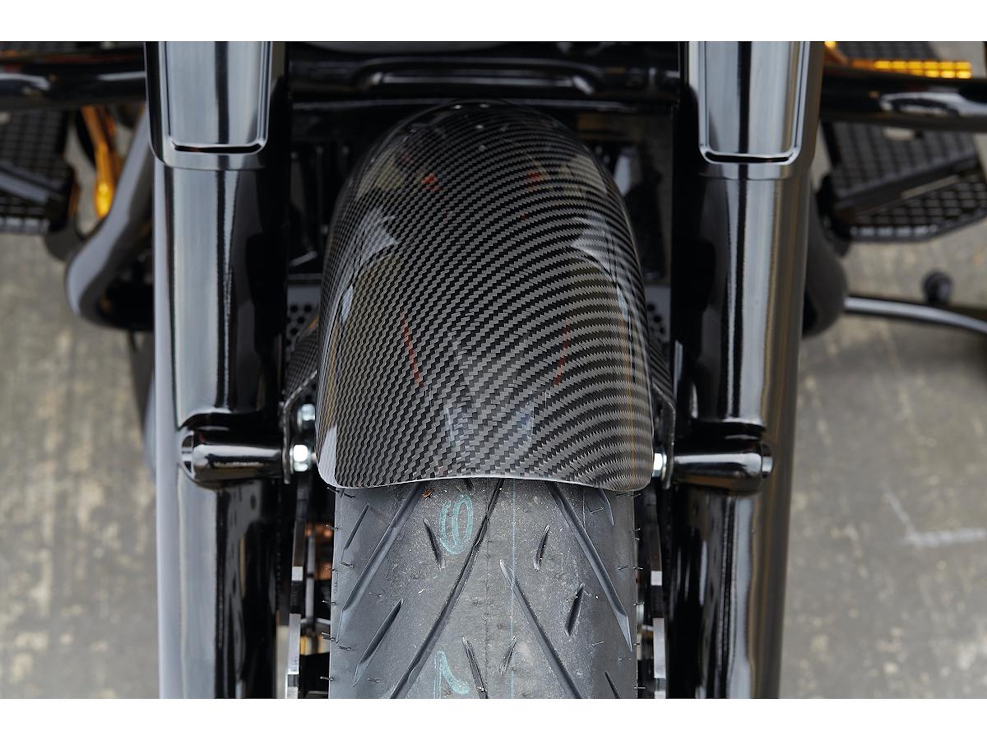 A view of a carbon fiber fender.
