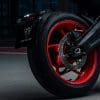 A view of the rear wheel of Triumph's new Trident 660 Triple Tribute Edition.