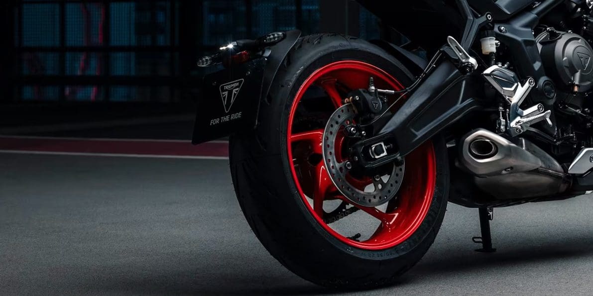 A view of the rear wheel of Triumph's new Trident 660 Triple Tribute Edition.