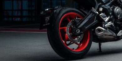 A view of the rear wheel of Triumph's new Trident 660 Triple Tribute Edition.