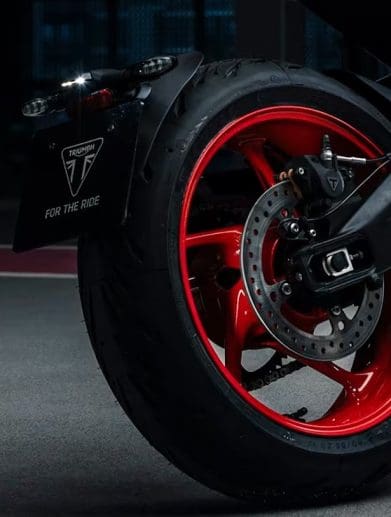 A view of the rear wheel of Triumph's new Trident 660 Triple Tribute Edition.