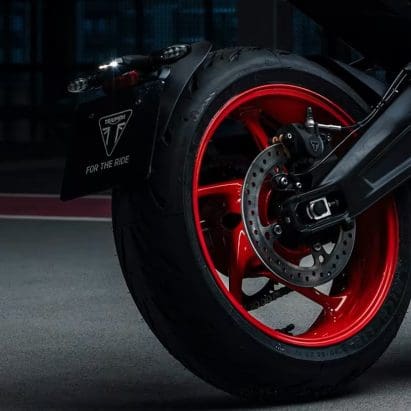 A view of the rear wheel of Triumph's new Trident 660 Triple Tribute Edition.
