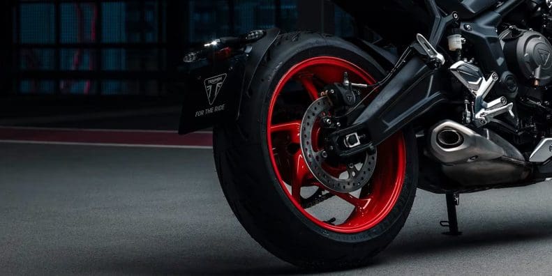 A view of the rear wheel of Triumph's new Trident 660 Triple Tribute Edition.