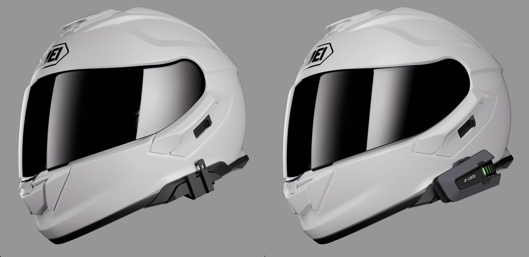 A view of Cardo's new adapter for Shoei helmets.