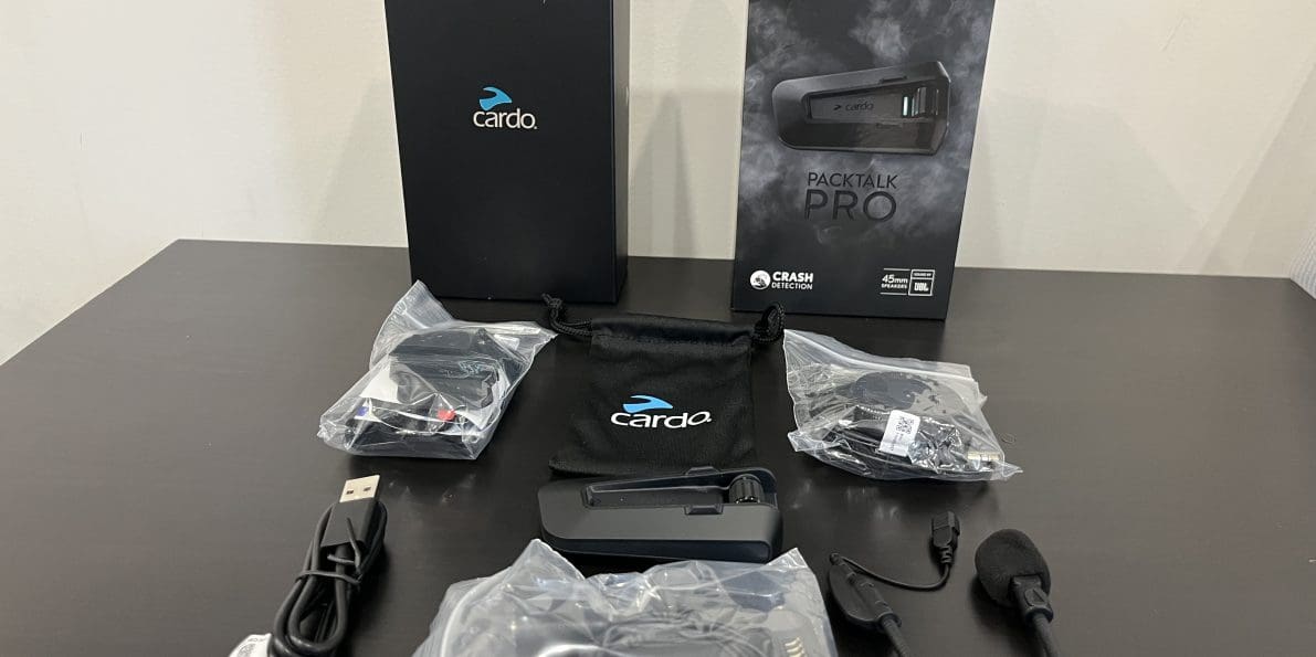 everything included with Cardo Packtalk Pro out of the box.