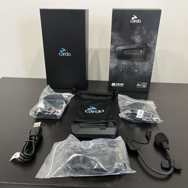 everything included with Cardo Packtalk Pro out of the box.