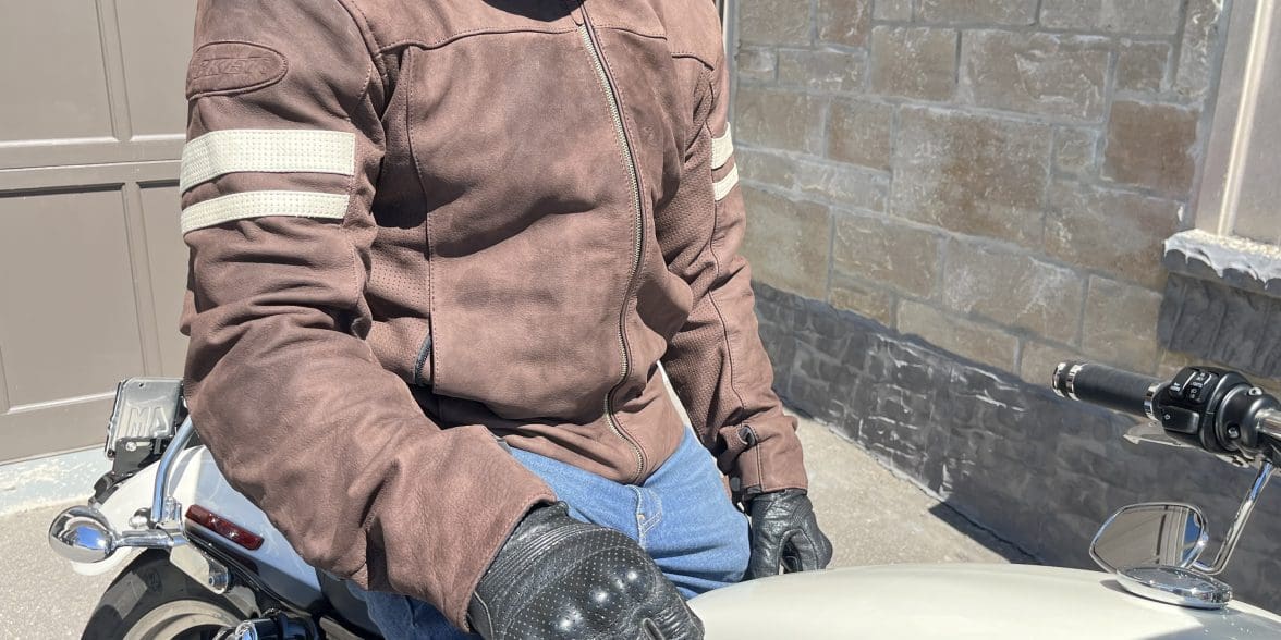 motorcycle rider sitting on harley davidson wearing Joe Rocket Classic 92 Leather Jacket