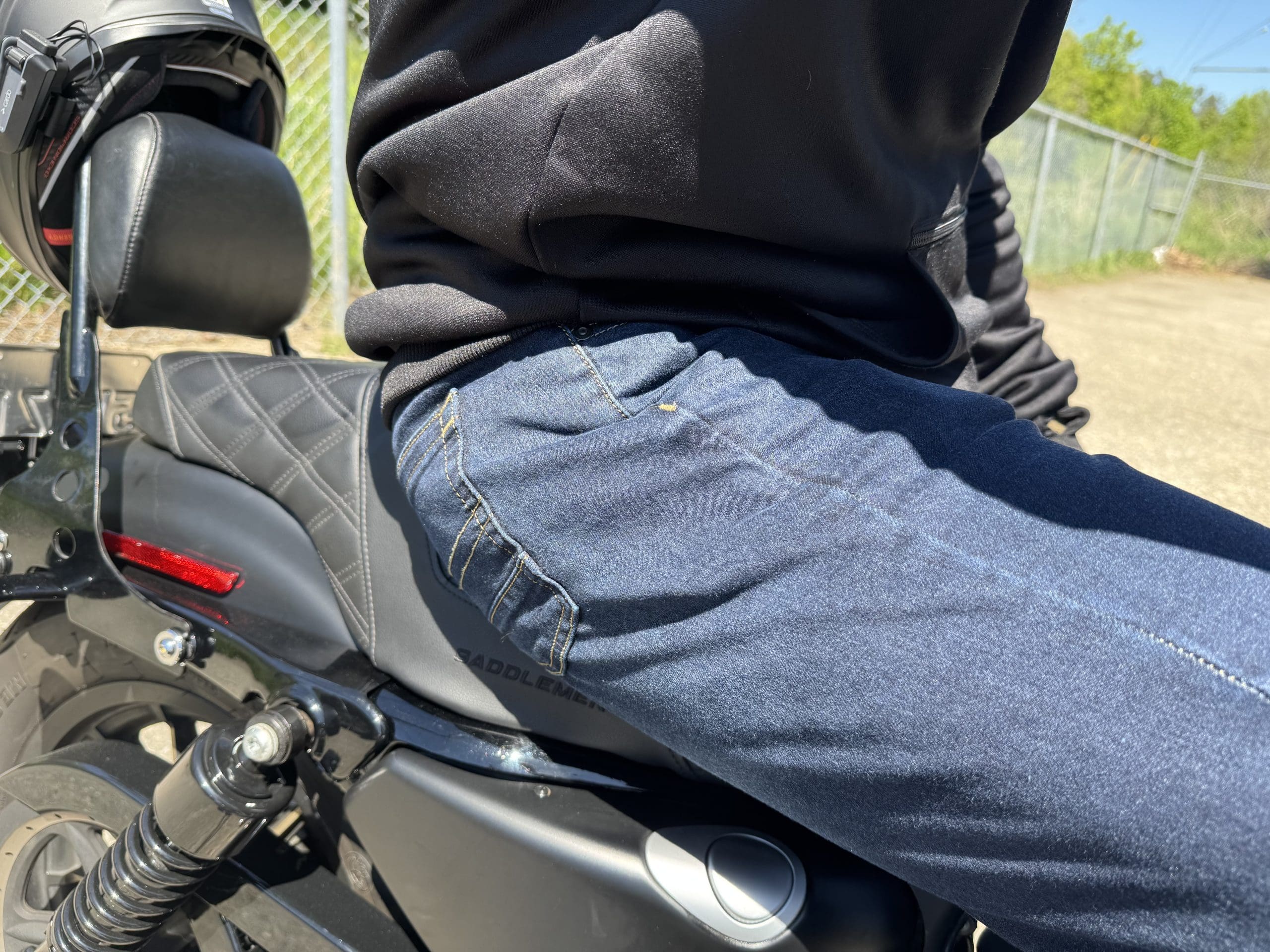 Close up of the Klim K Forty 2 Stretch denim side profile
