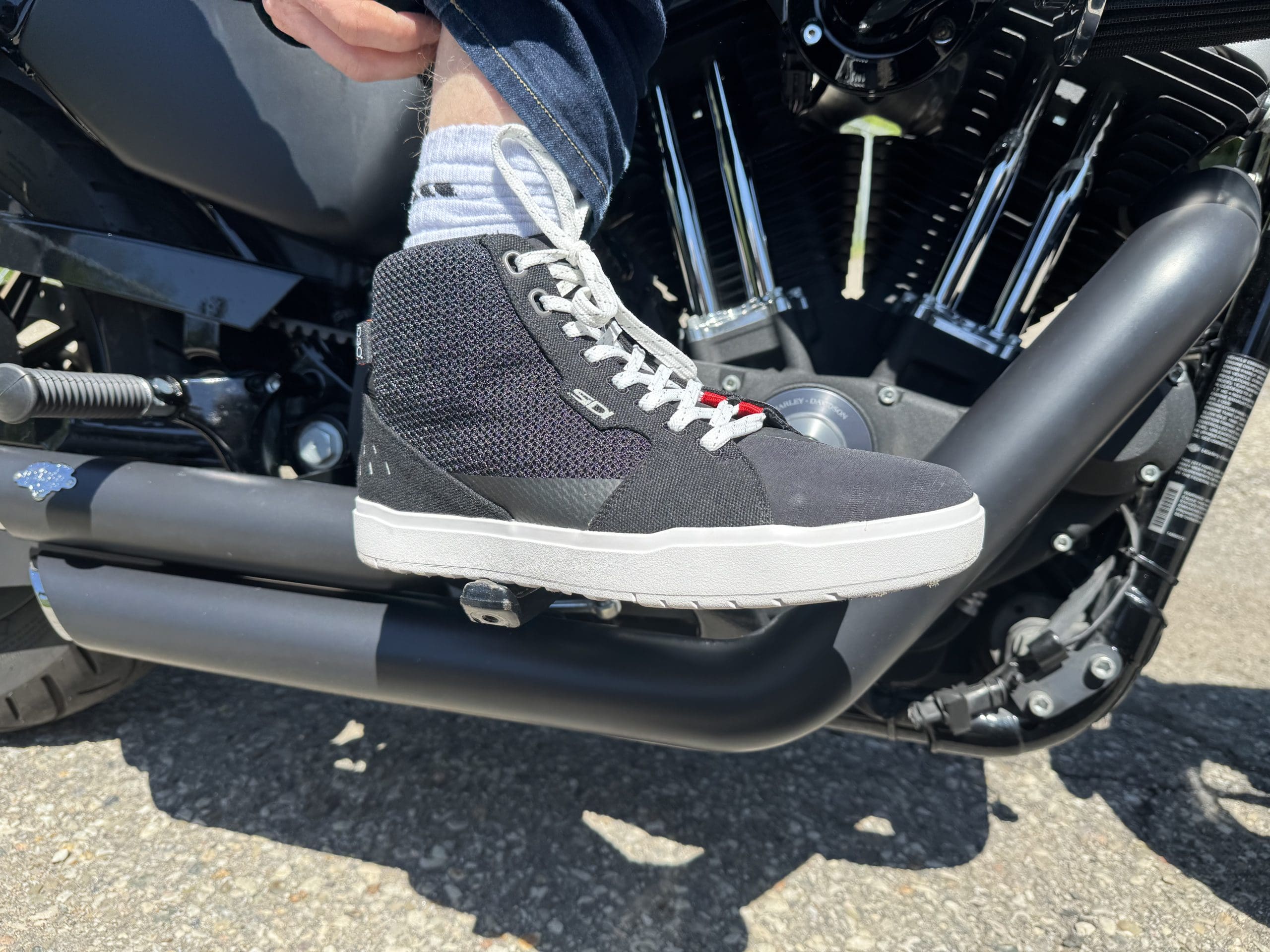 Sidi ARX Air Riding shoes on a Harley Davidson