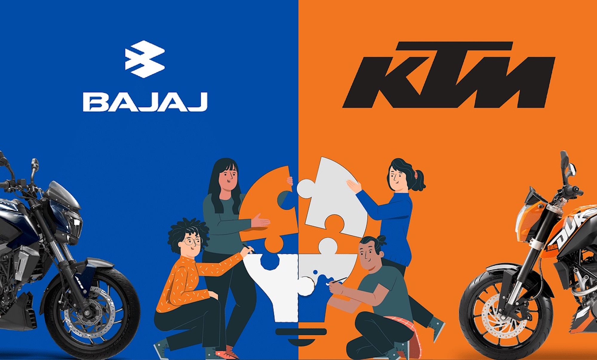 A symbolic image showing KTM and Bajaj merging.