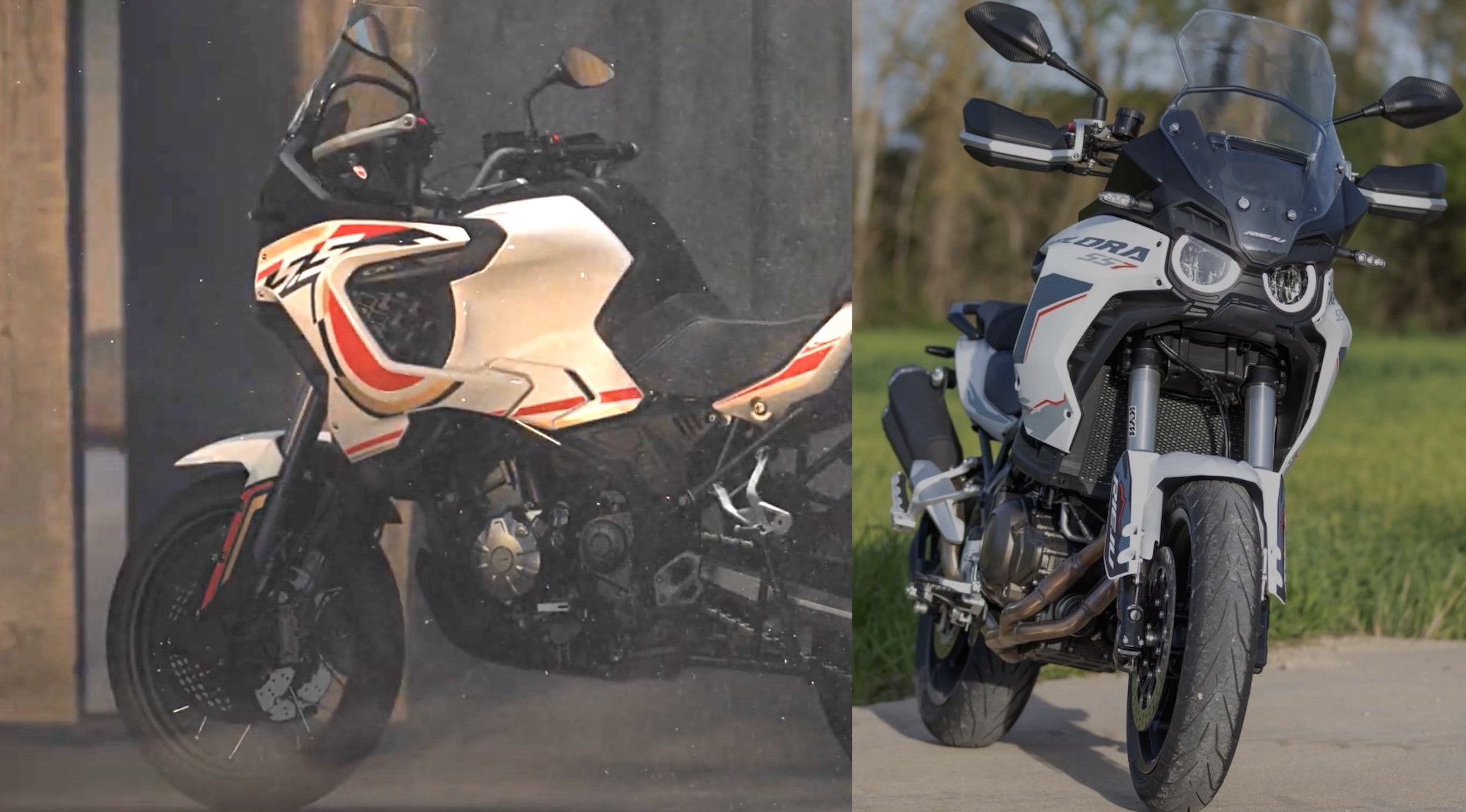 A view of MV Agusta's previous Lucky Explorer 5.5 next to Rieju's Xplora 557.
