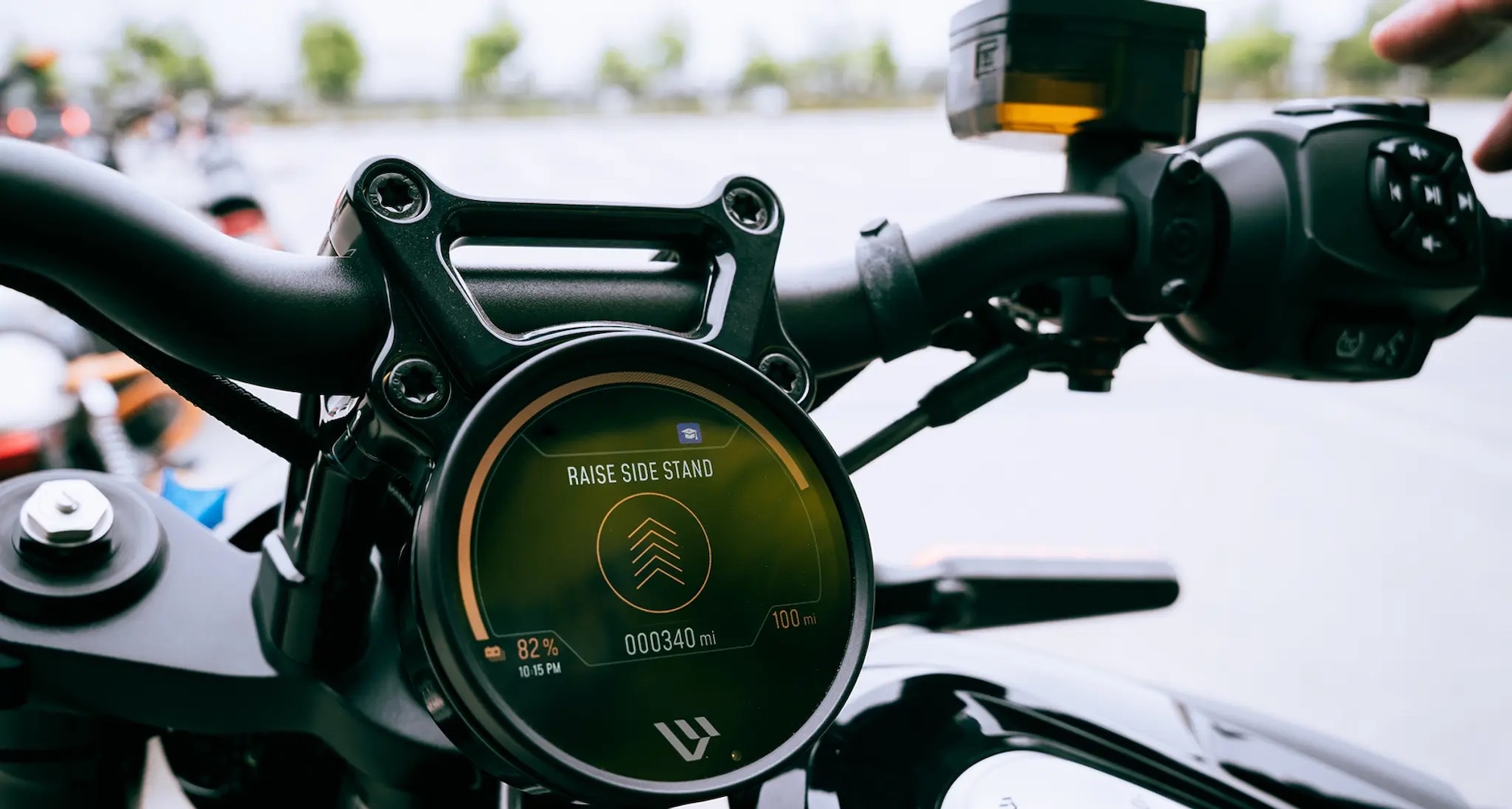 A dash view of a LiveWire S2 motorcycle.