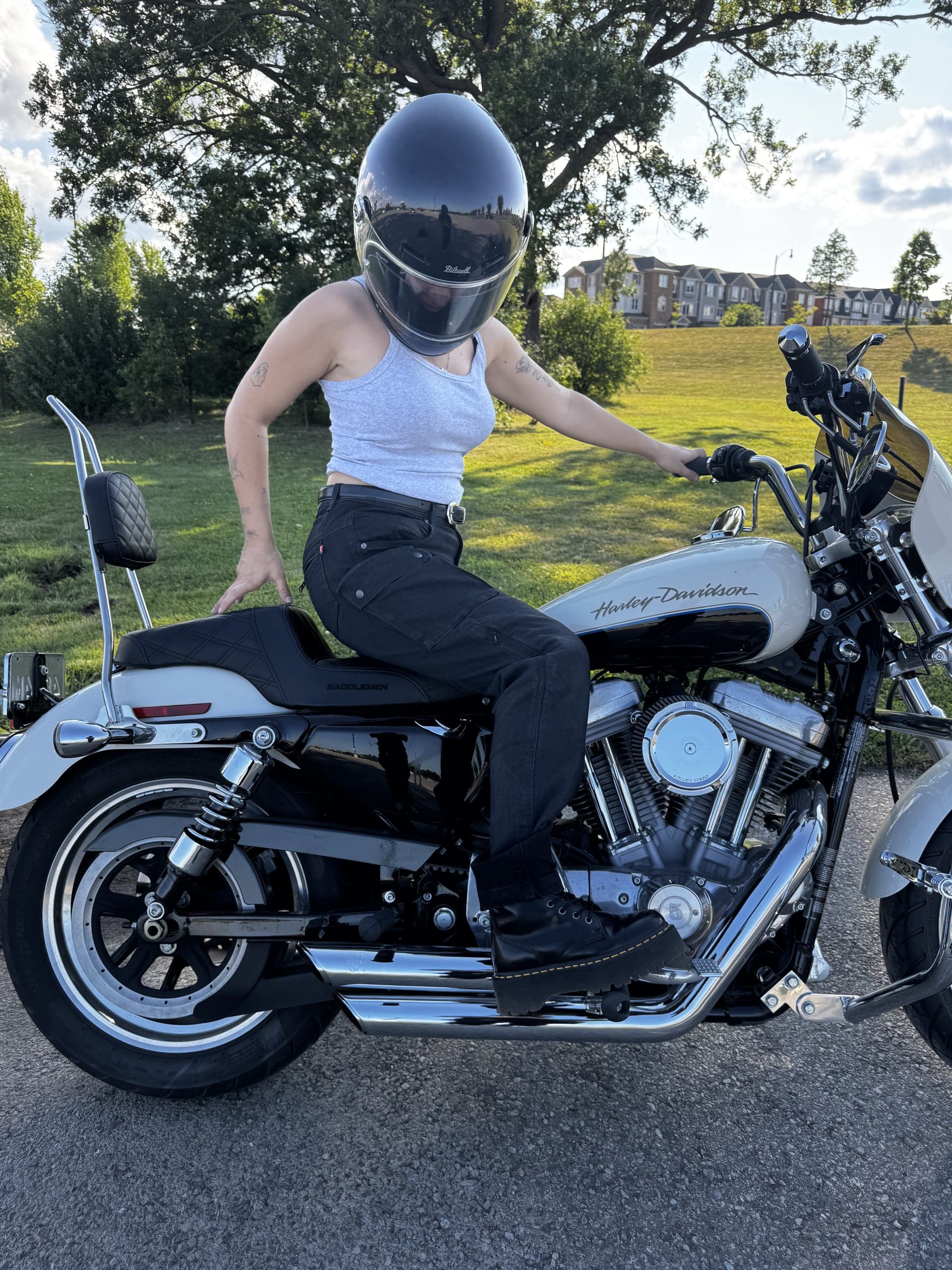 Pando Moto MILA Cargo Riding Jeans worn on motorcycle