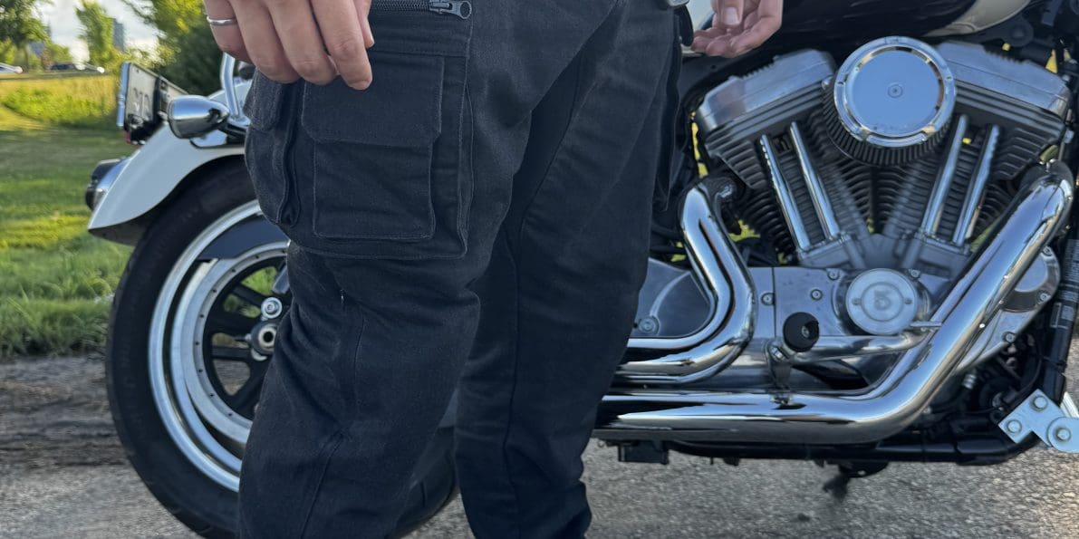 Pando Moto Desert Cargo pants standing beside motorcycle