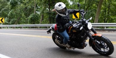 Amanda Quick on a Royal Enfield Guerilla 450 in Wisconsin, prior to the bike's debut.