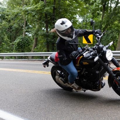 Amanda Quick on a Royal Enfield Guerilla 450 in Wisconsin, prior to the bike's debut.