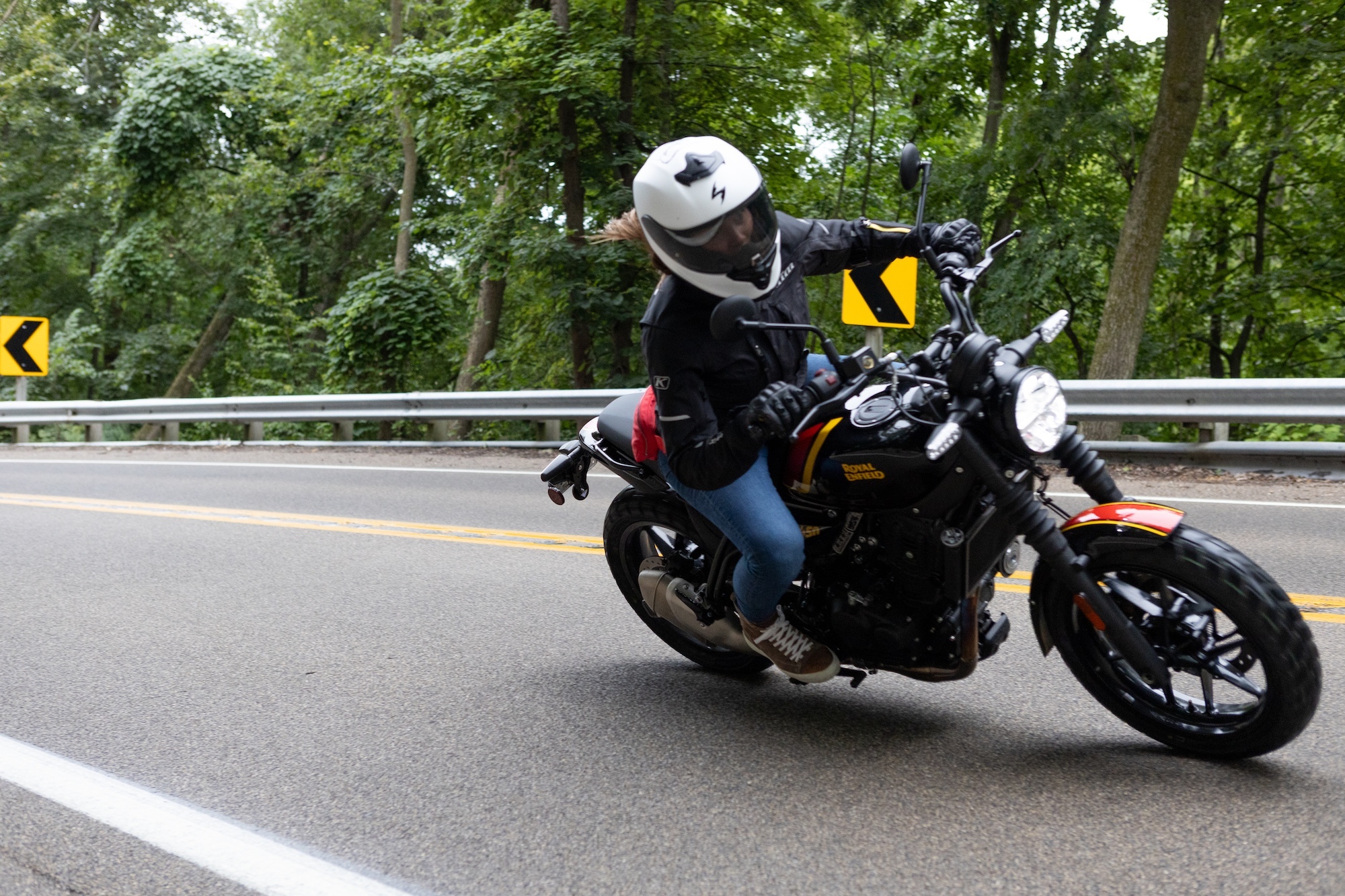 Amanda Quick on a Royal Enfield Guerilla 450 in Wisconsin, prior to the bike's debut.
