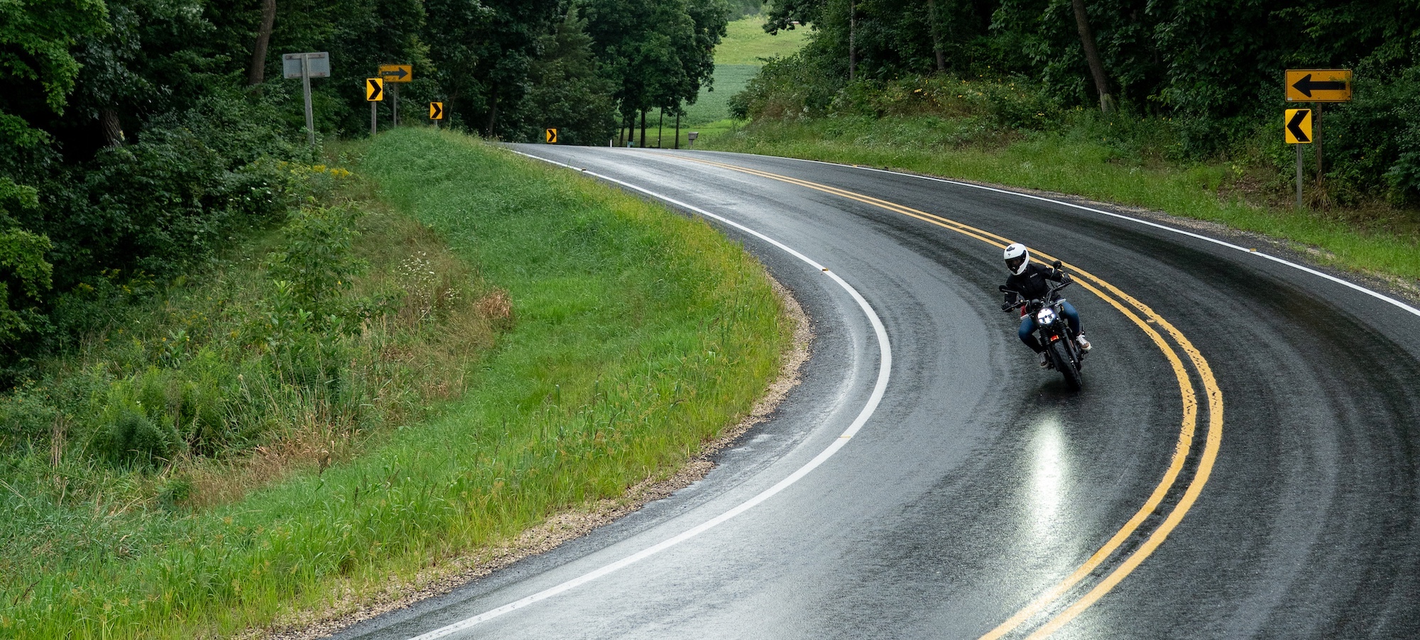 Amanda Quick on a Royal Enfield Guerilla 450 in Wisconsin, prior to the bike's debut.