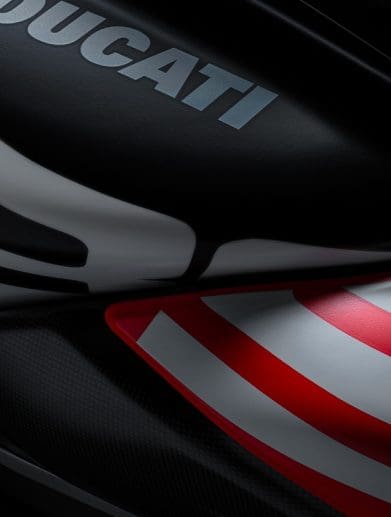 a close-up side view of a Ducati Diavel V4 RS